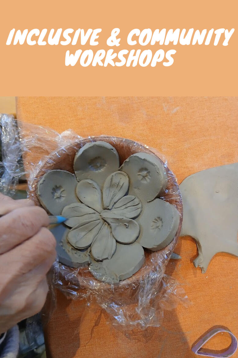 Inclusive pottery workshops Close up of elderly person's hands making a clay bowl in the shape of a flower