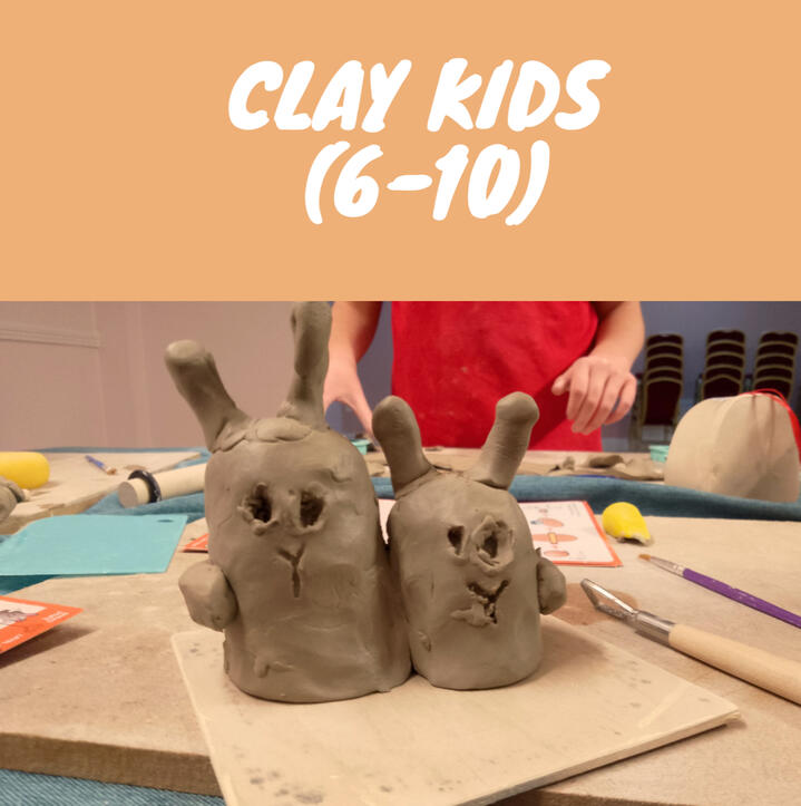 Kids Pottery Classes Close up of unfired clay figurines shaped like bunnies made by a child during a pottery class